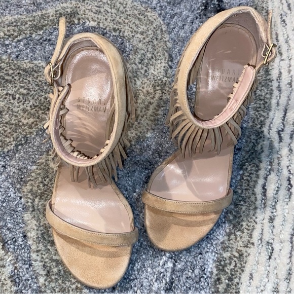 STUART WEITZMAN Lovefringe Suede Nudist Ankle Strap Fringe Sandals - Picture 8 of 9